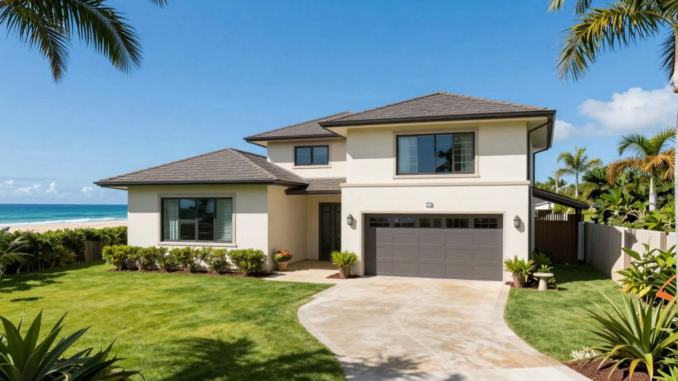 Casa de vacaciones soleada con playa y océano al fondo.
