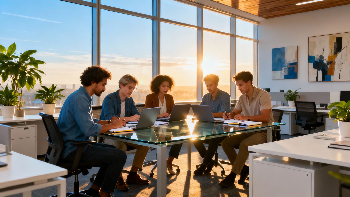 Business team collaborating in a modern office.