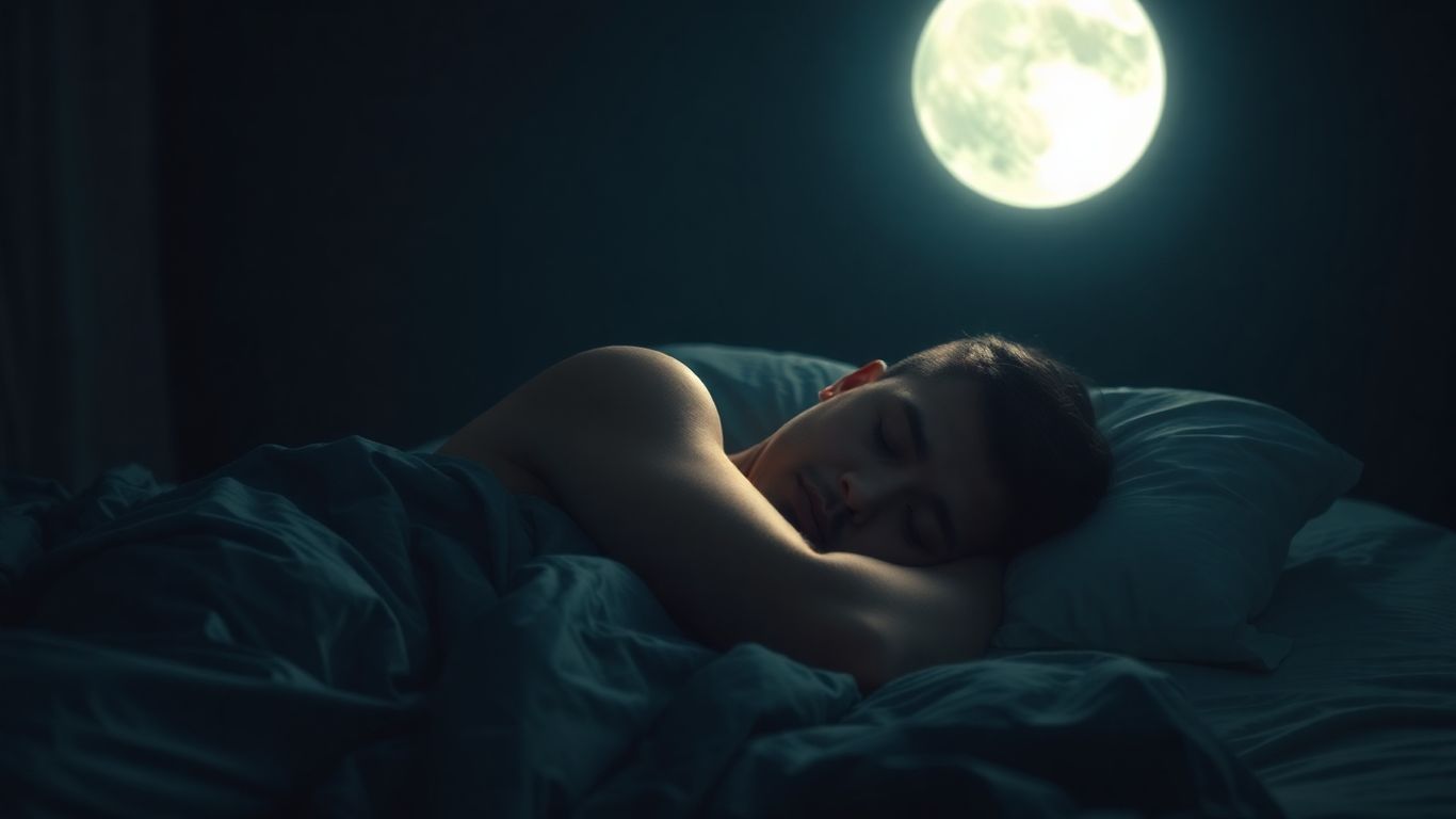 Person sleeping peacefully in a moonlit bedroom.