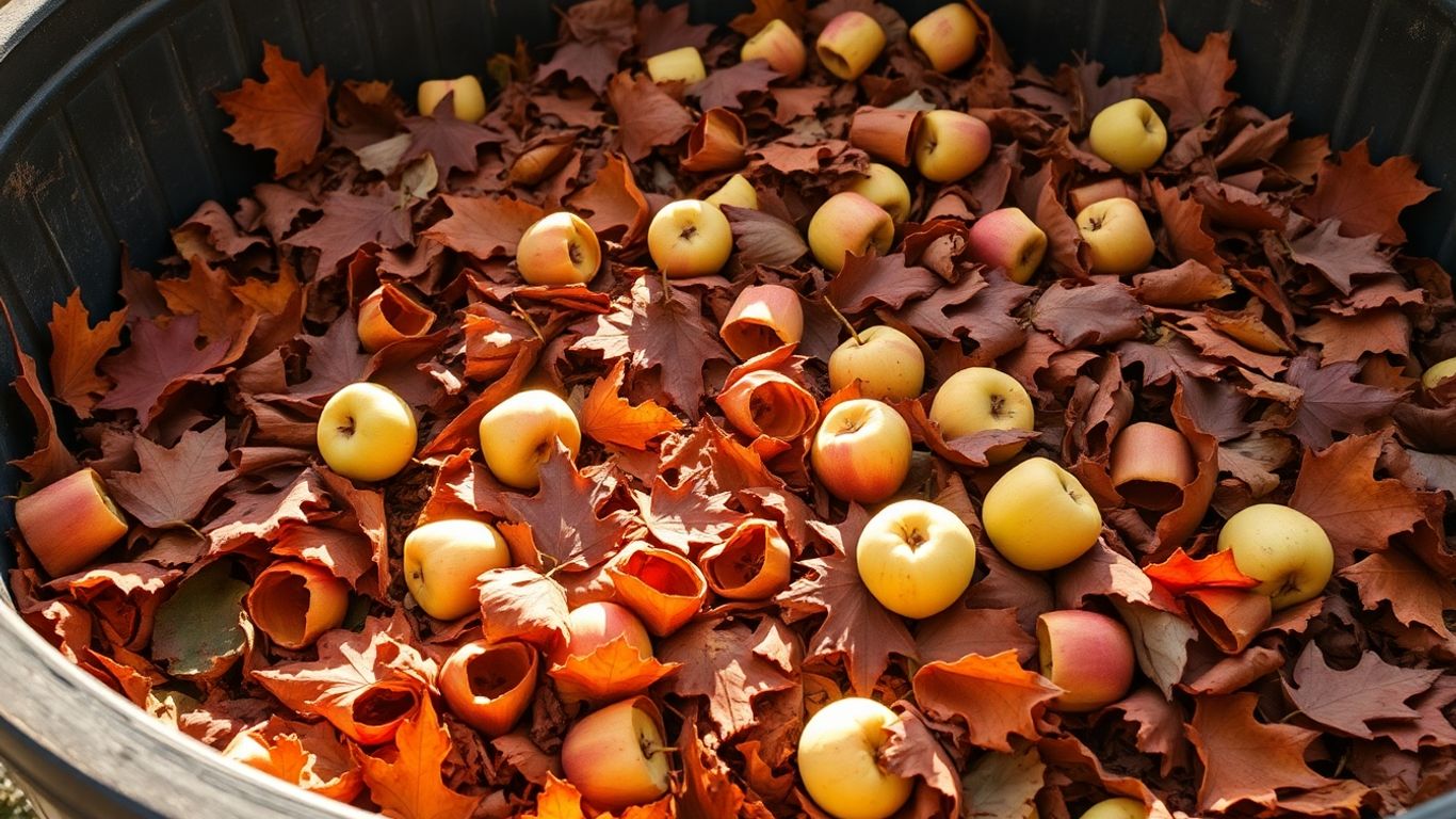 Kompost mit Äpfeln und Herbstlaub