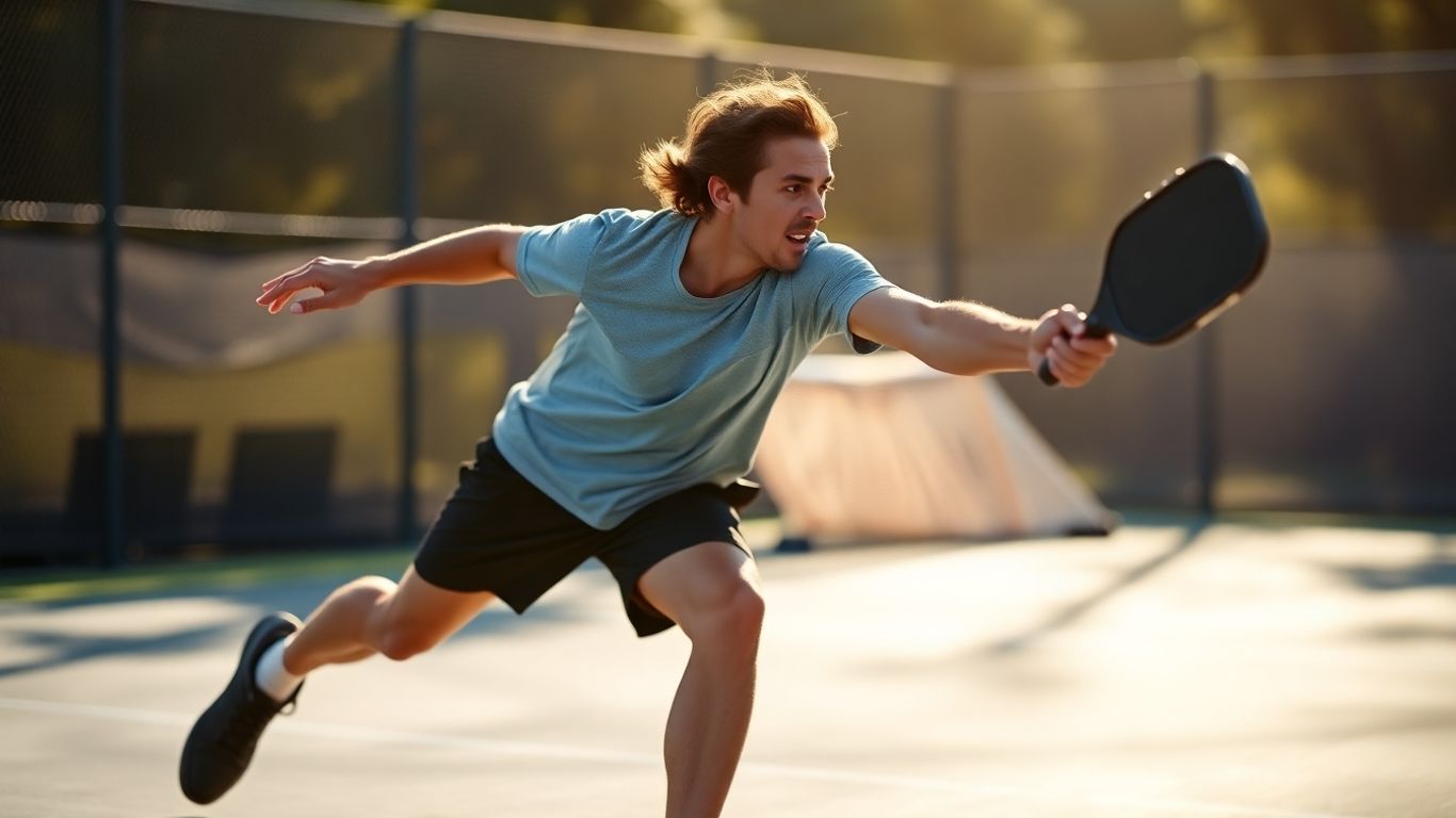 Pickleball player lunging for a shot on a sunny court.