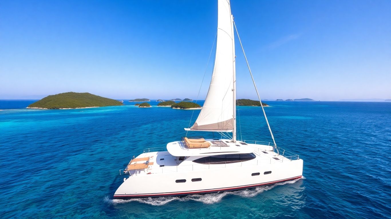 Catamaran sailing on turquoise water near Croatian islands.