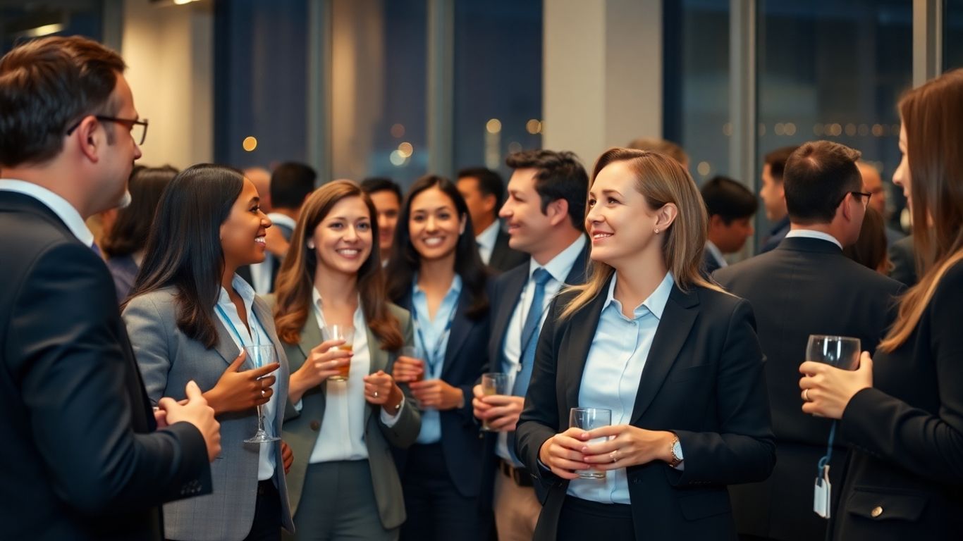 Professionals networking at an international business event in Beijing.