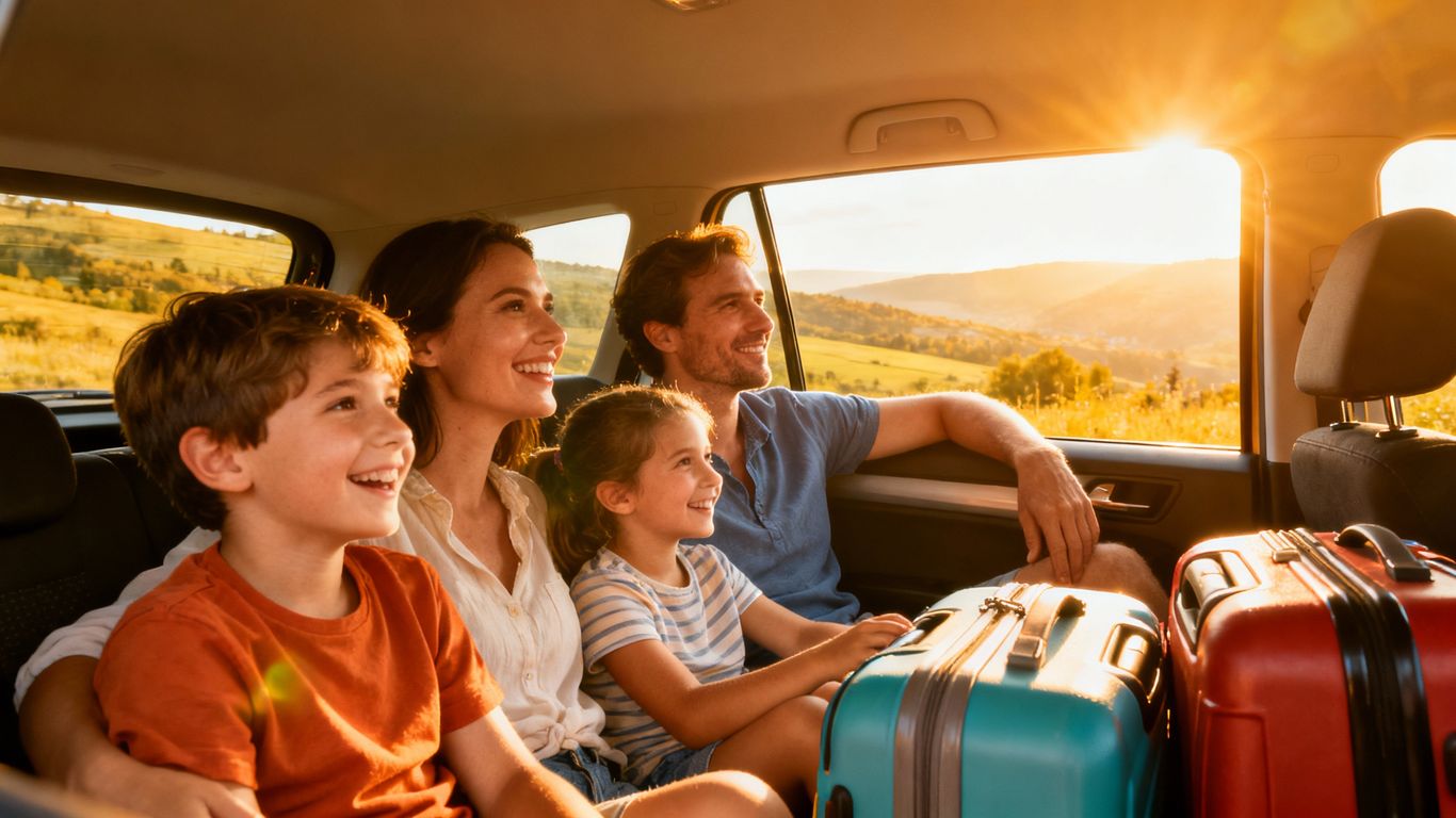 Family smiling while traveling in a car.