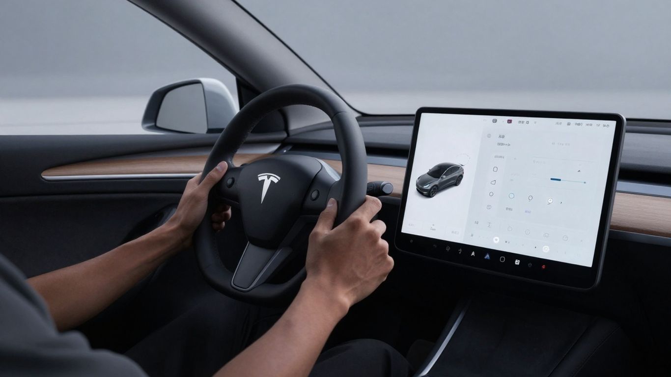 Tesla car interior with glowing touchscreen and driver's hands.