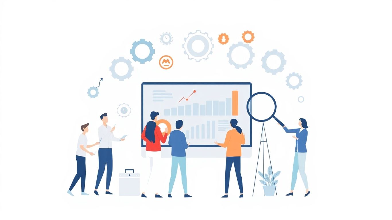 Agency team working with digital SEO tools illustration