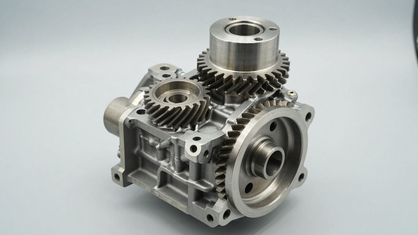 Reconditioned automotive gearbox with visible internal gears.