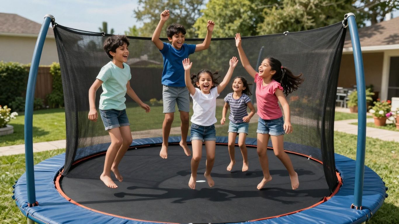 Family enjoying a medium-sized trampoline in a backyard.