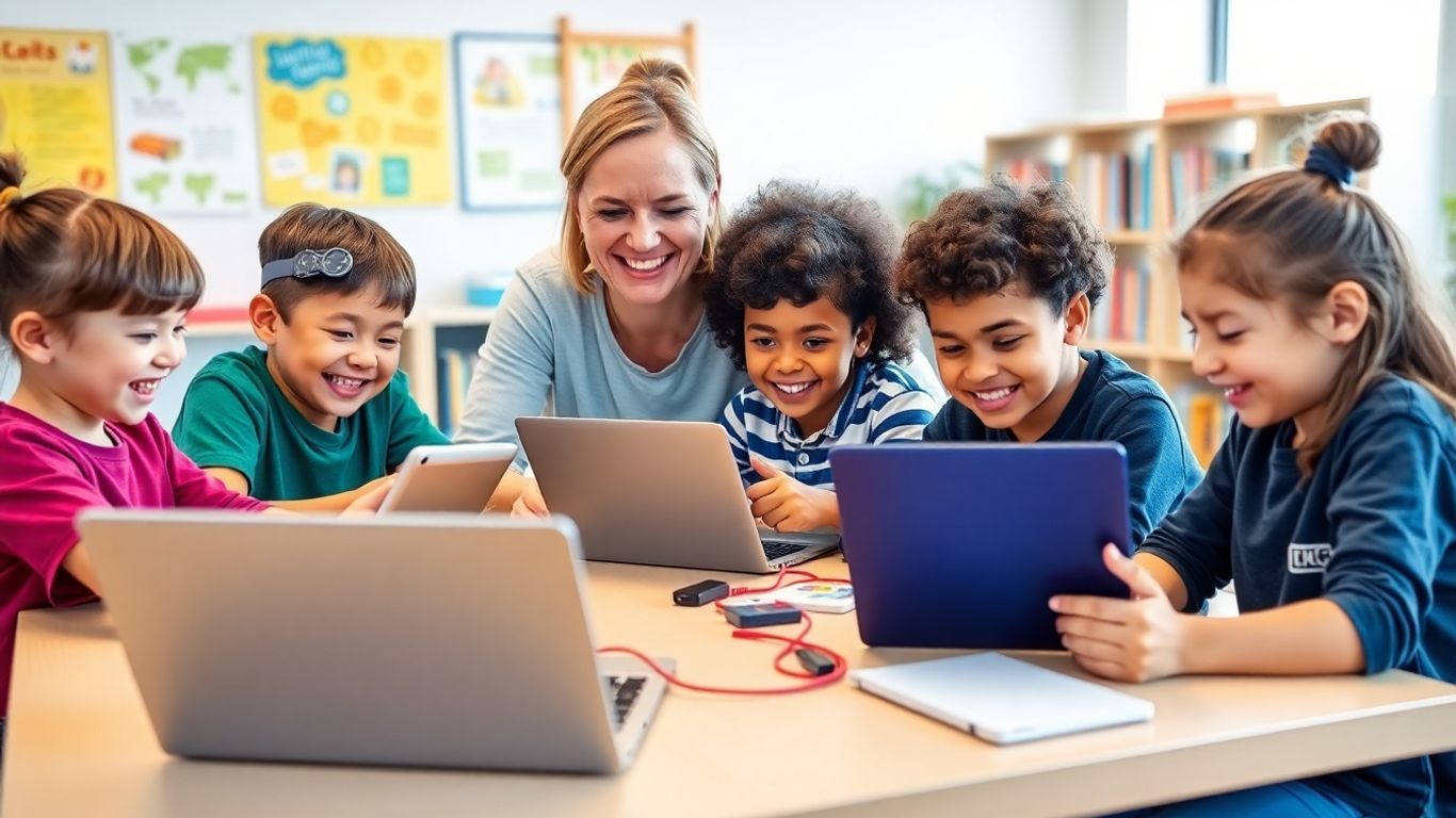 Copii codând online la laptopuri în clasă modernă