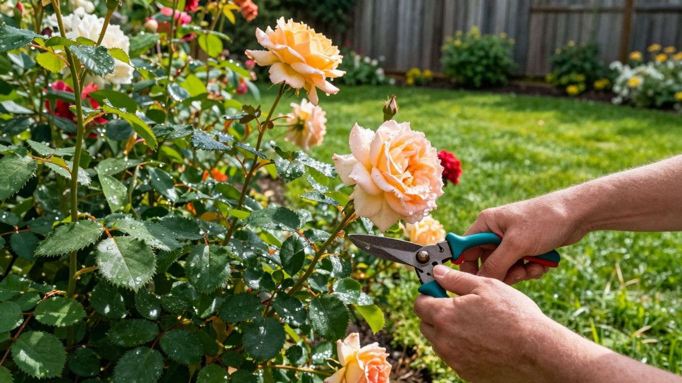 Gartenpflege im Ziergarten mit Blumen und Werkzeugen.