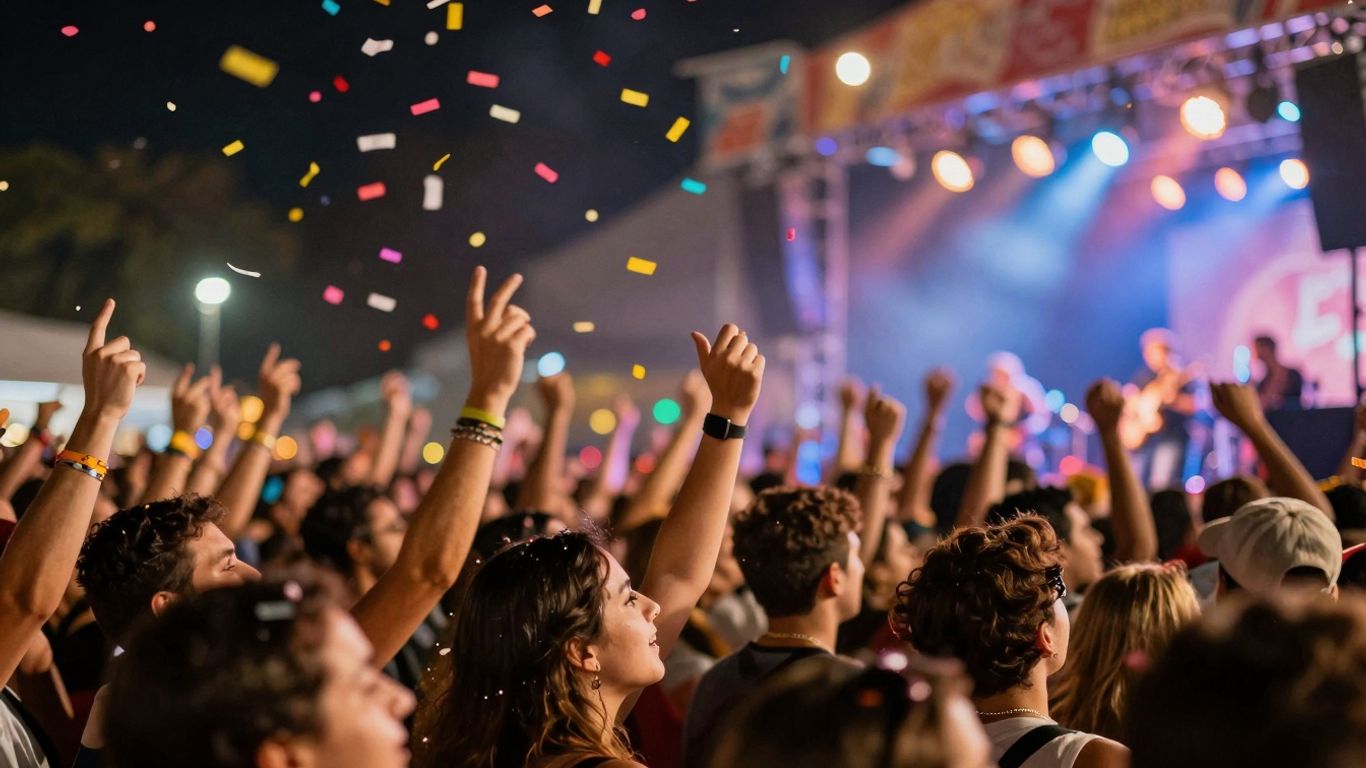 Feestelijke menigte met confetti en podiumlichten.