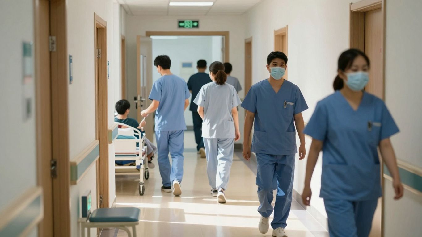 Hospital corridor with busy medical staff and patients.