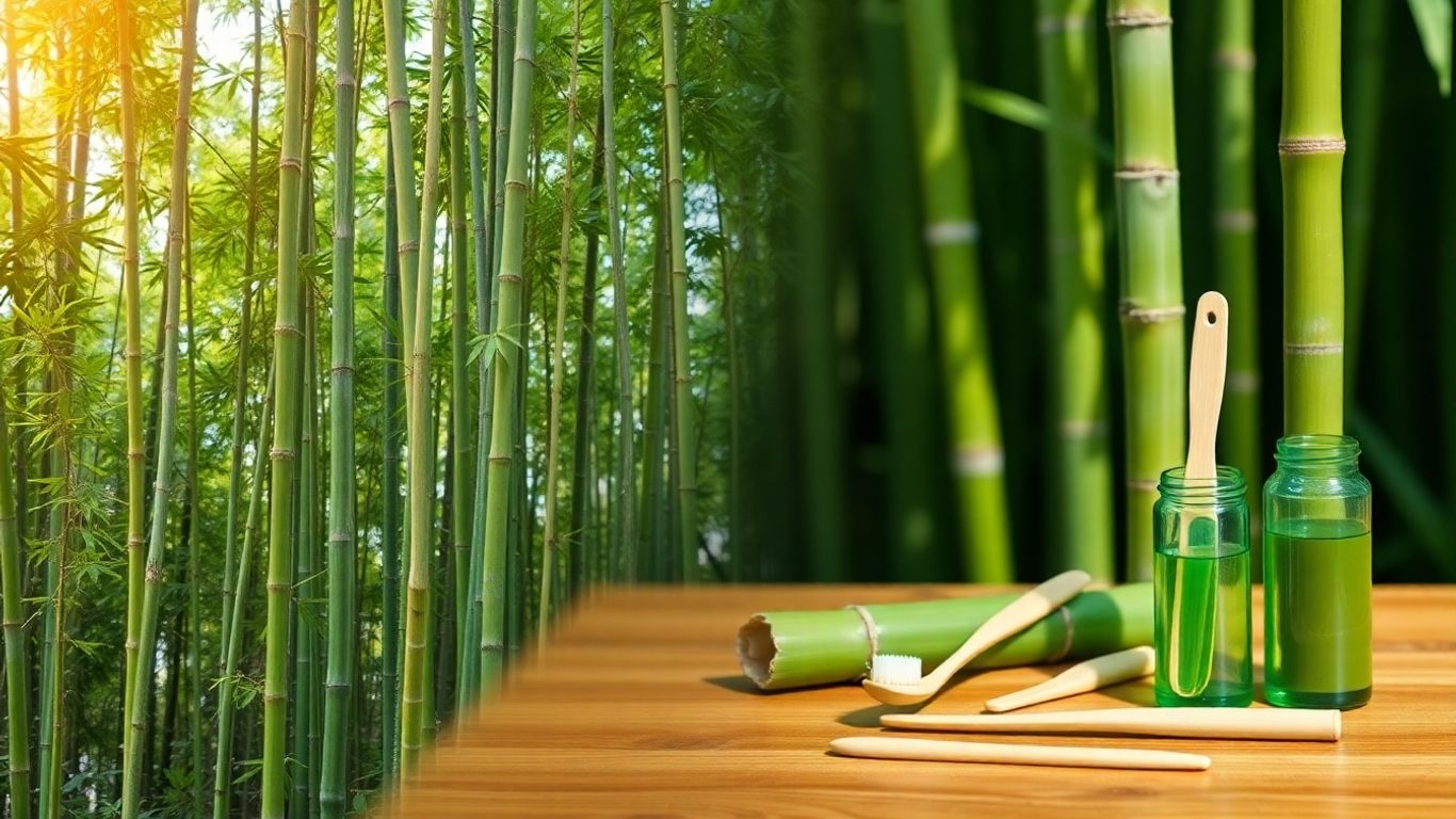 Forêt de bambous et produits bambou sur une table