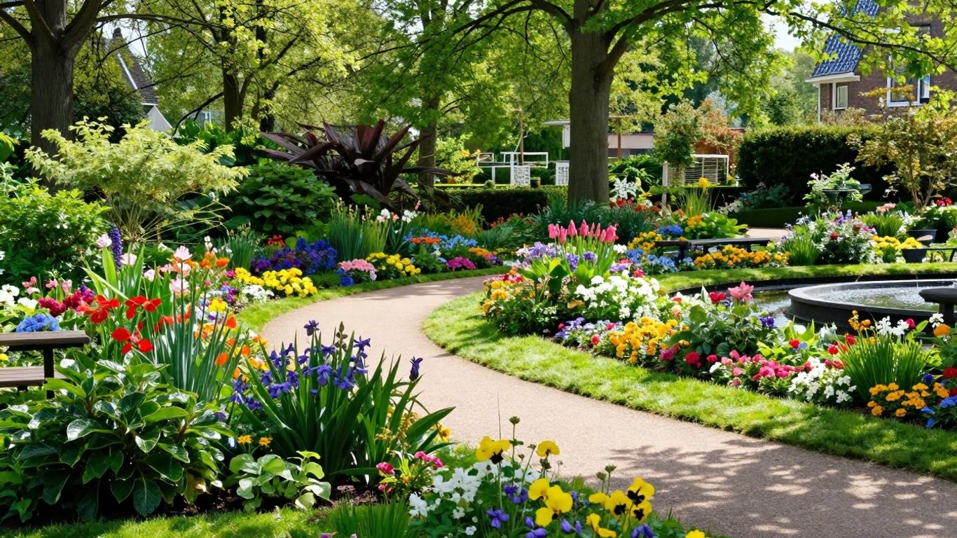 Kleurrijke tuin in Groningen met bloemen en paden.