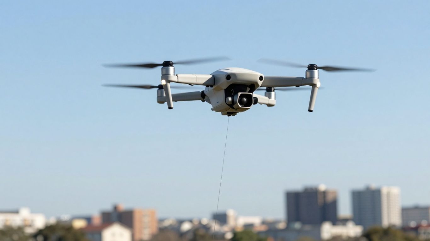 Tethered drone flying high above city skyline.