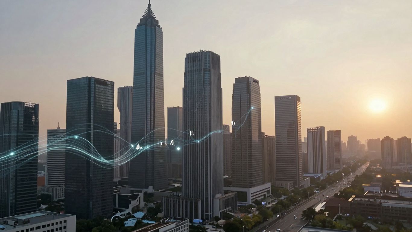 Futuristic cityscape with glowing digital streams and AI networks.