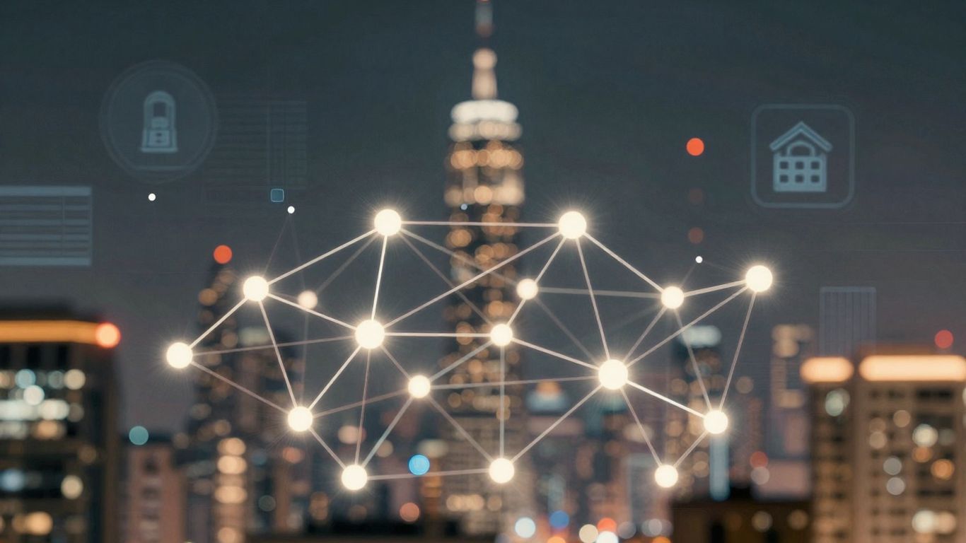 Digital blockchain network with futuristic cityscape background.