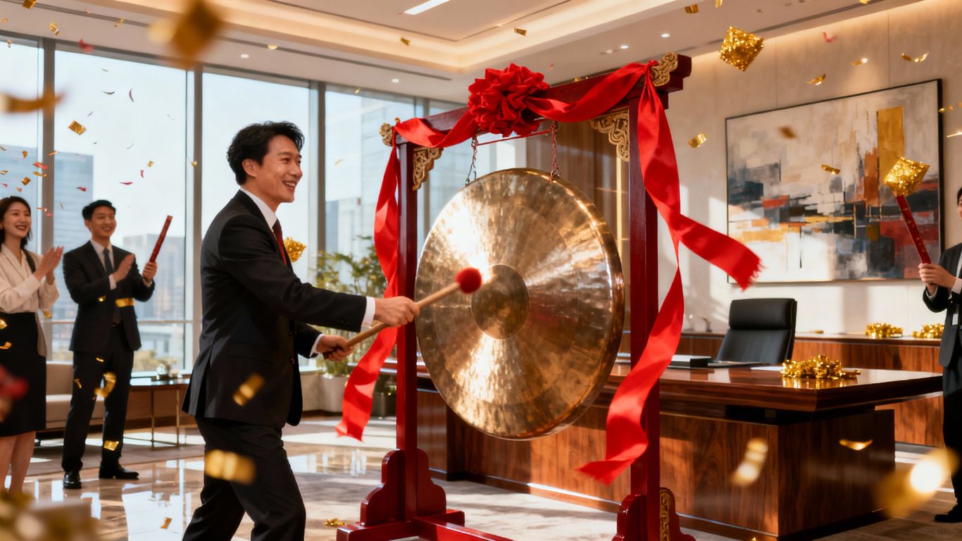 商務人士敲鑼慶祝IPO上市現場