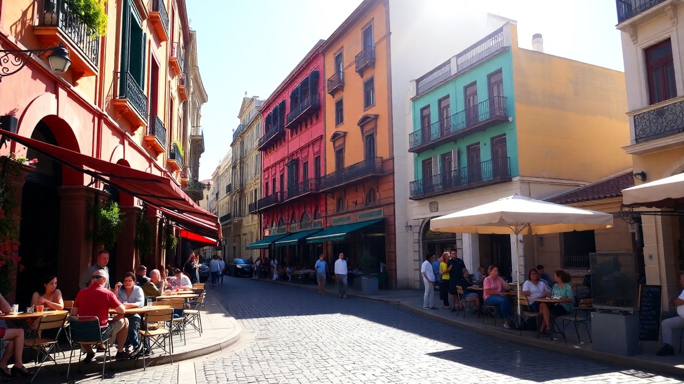 Colorful Buenos Aires street with cafes and architecture.