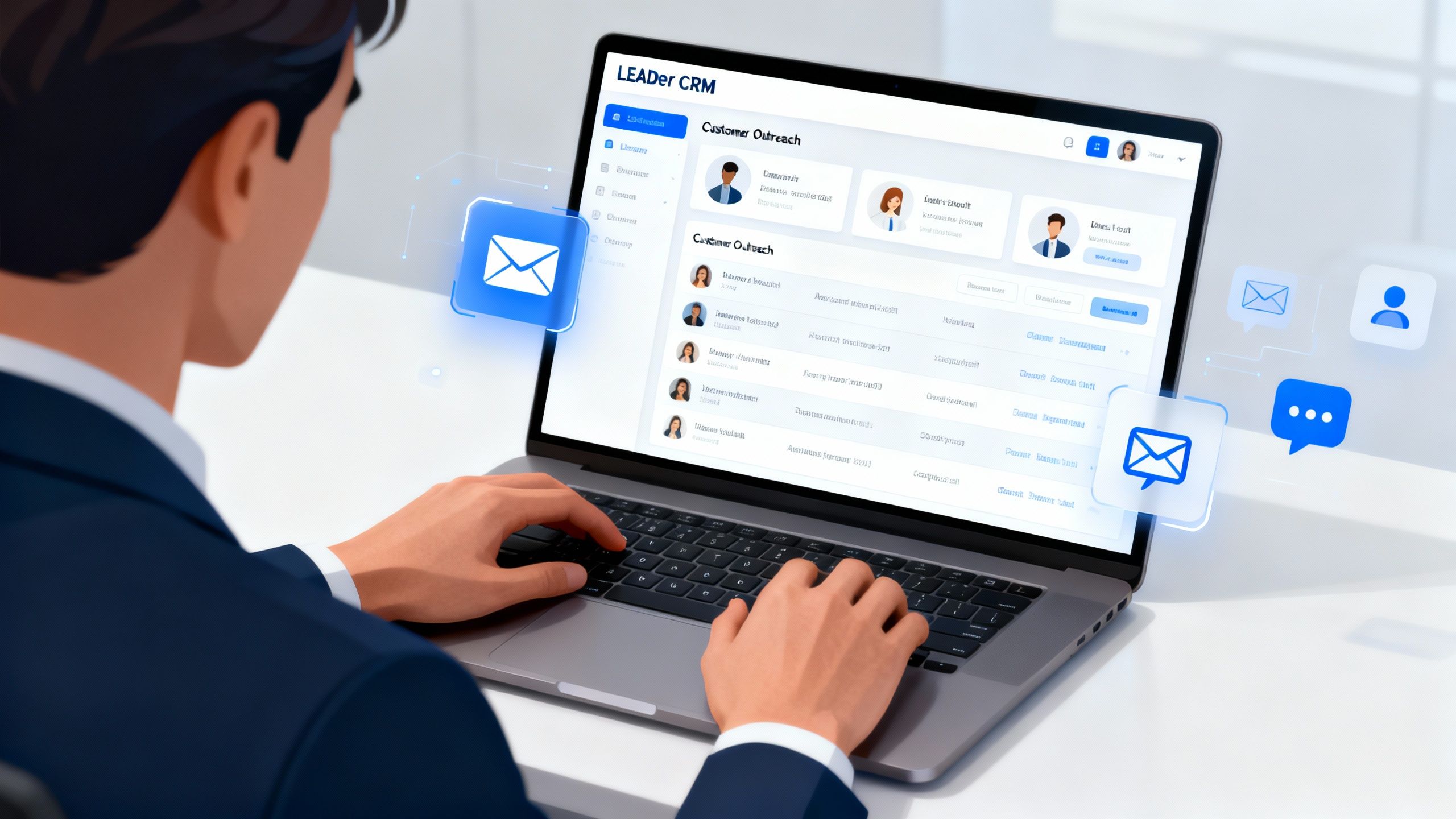 صاحب عمل يستخدم واجهة LEADer CRM للتواصل مع العملاء