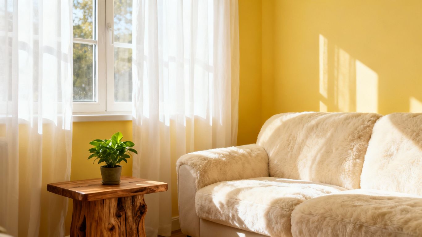 Bright yellow living room with natural light.