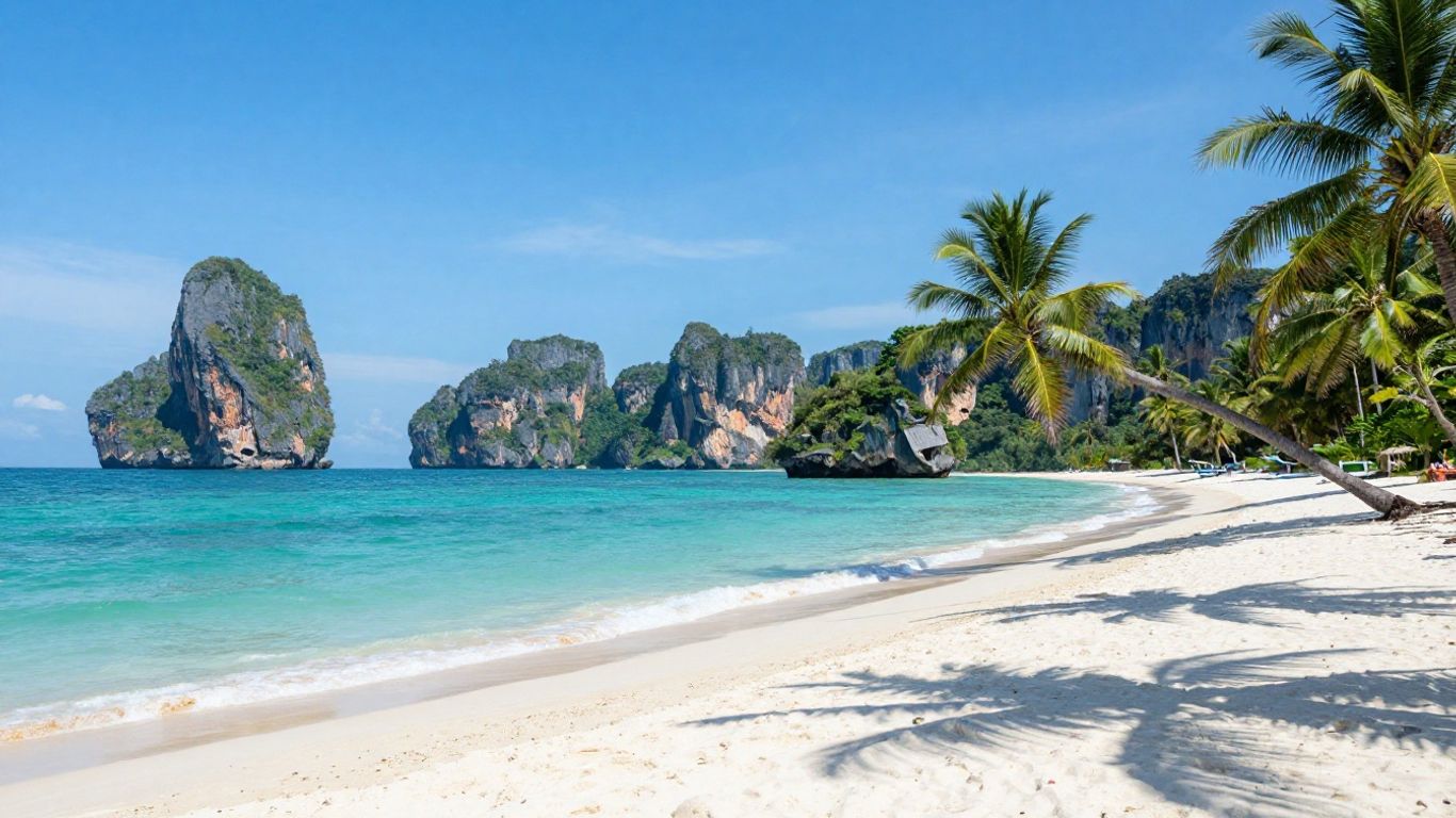 Thailand's Andaman Sea beach with turquoise water and limestone karsts.