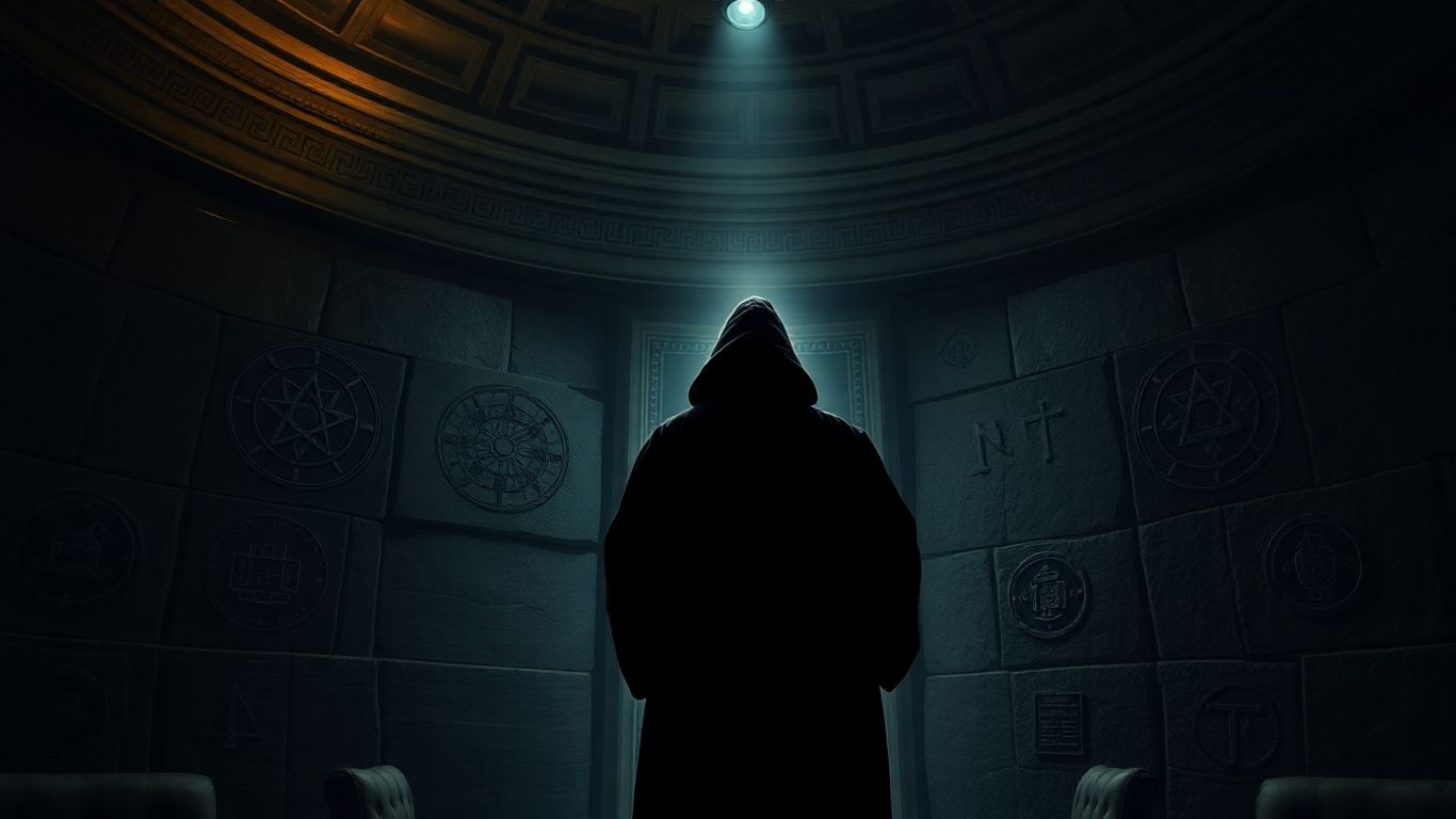 Mysterious shadowy figure in a hooded robe in a dimly lit room.