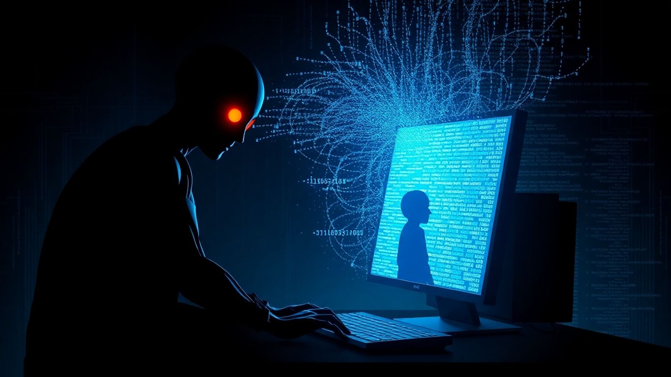 Robotic figure hacking a computer with Discord.