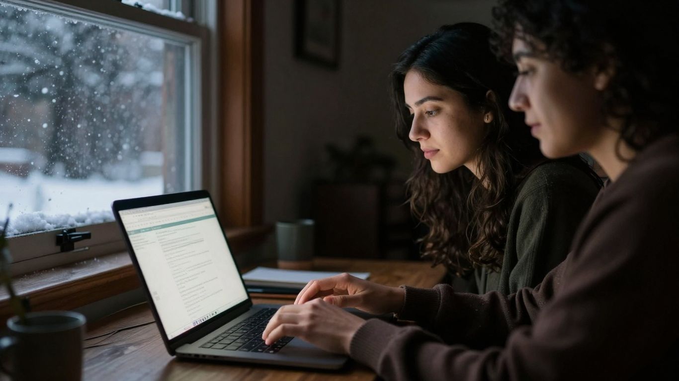 Menschen nutzen Laptops in einem gemütlichen Raum im Winter.
