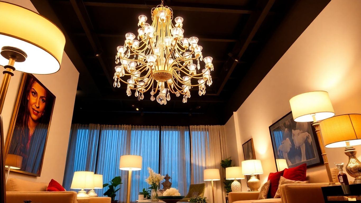 Interior with diverse, unique lighting fixtures.