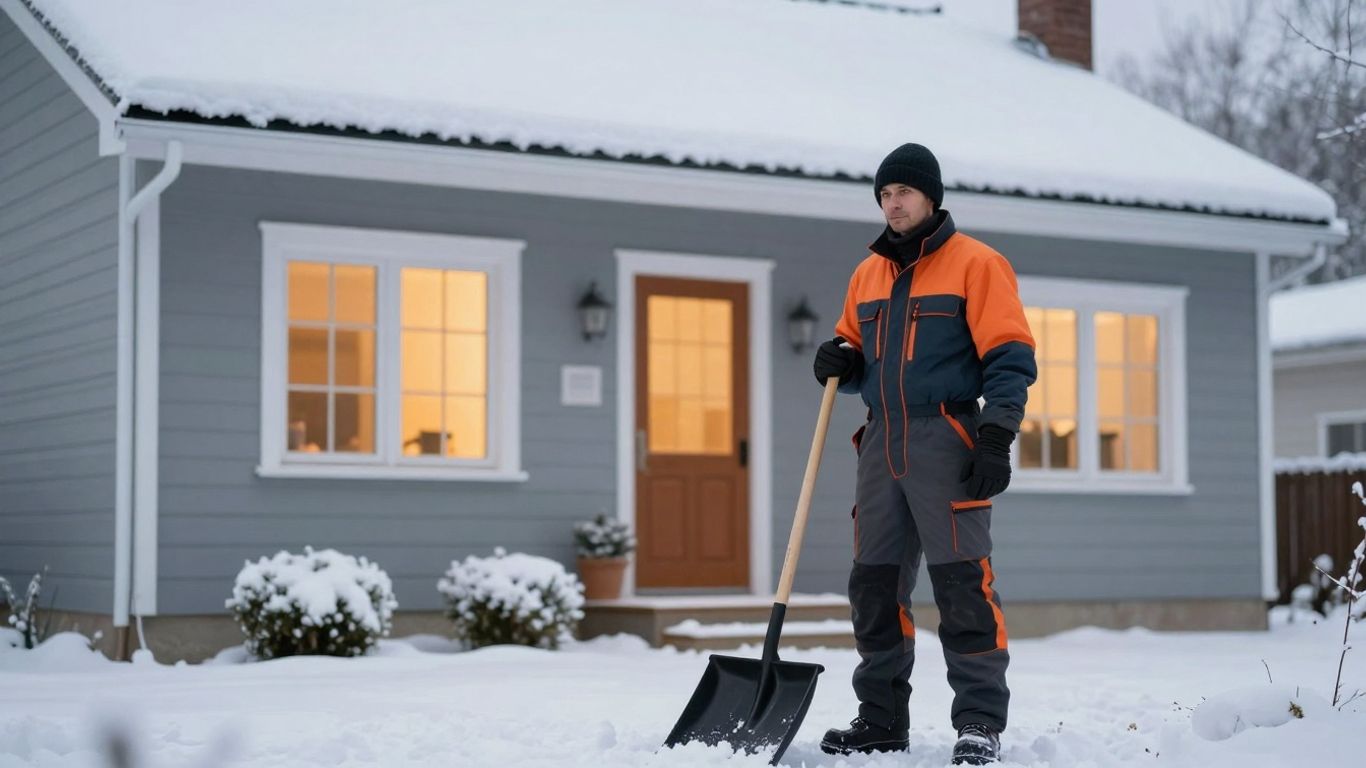 Contractor in winter gear by snow-covered house.