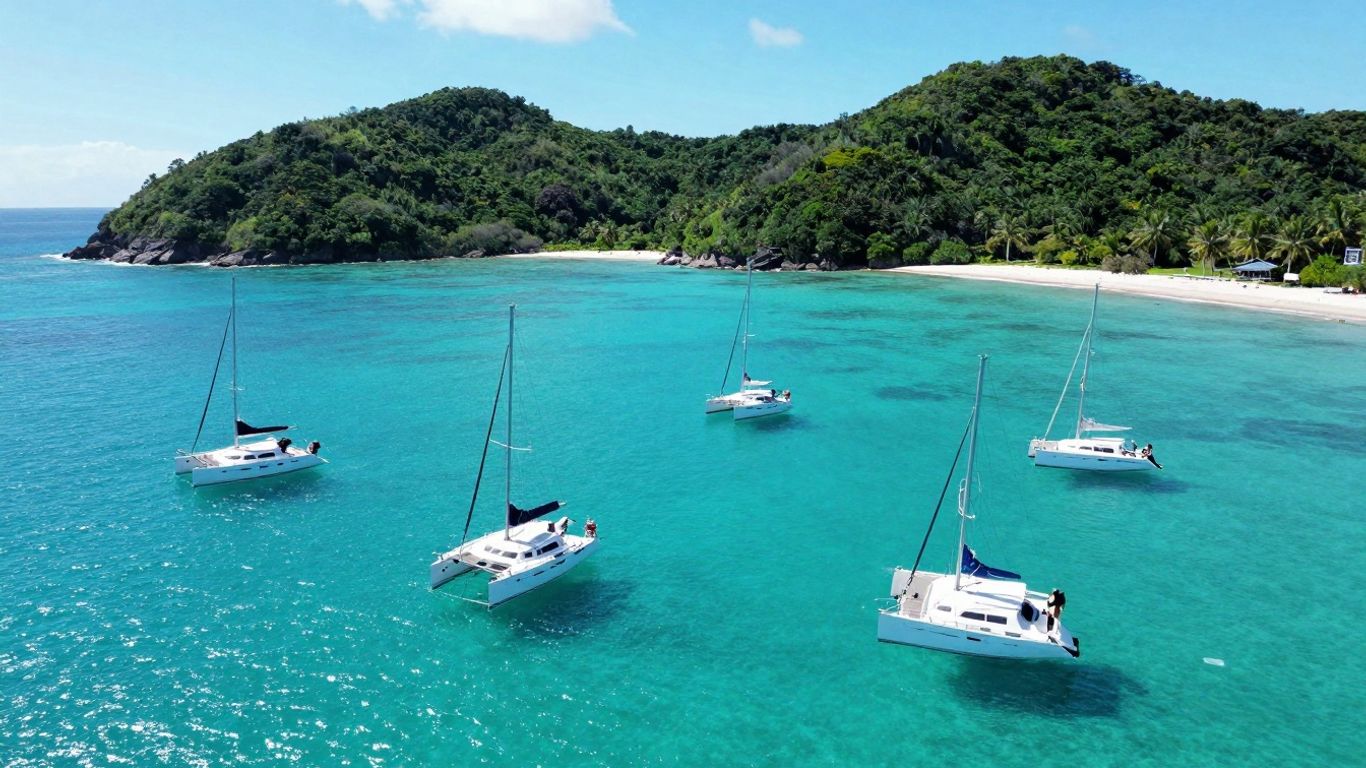 Sailboats anchored in clear turquoise water, British Virgin Islands.