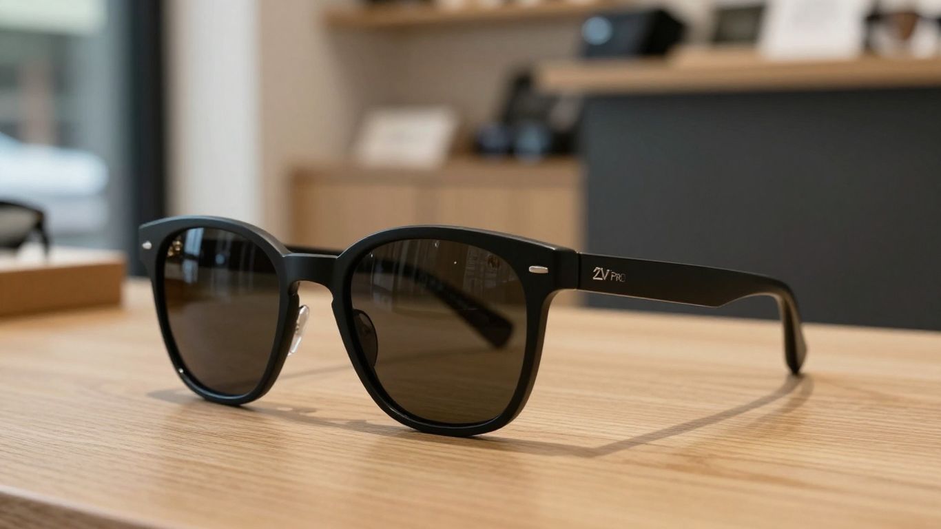 Óculos 2V Pro autênticos sobre mesa em loja elegante