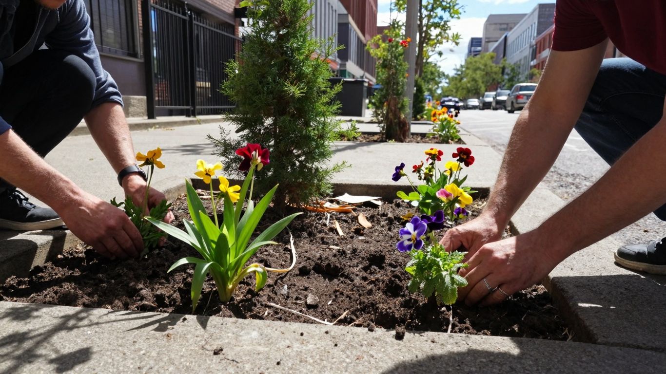 Bunte Blumen und Pflanzen in städtischer Umgebung