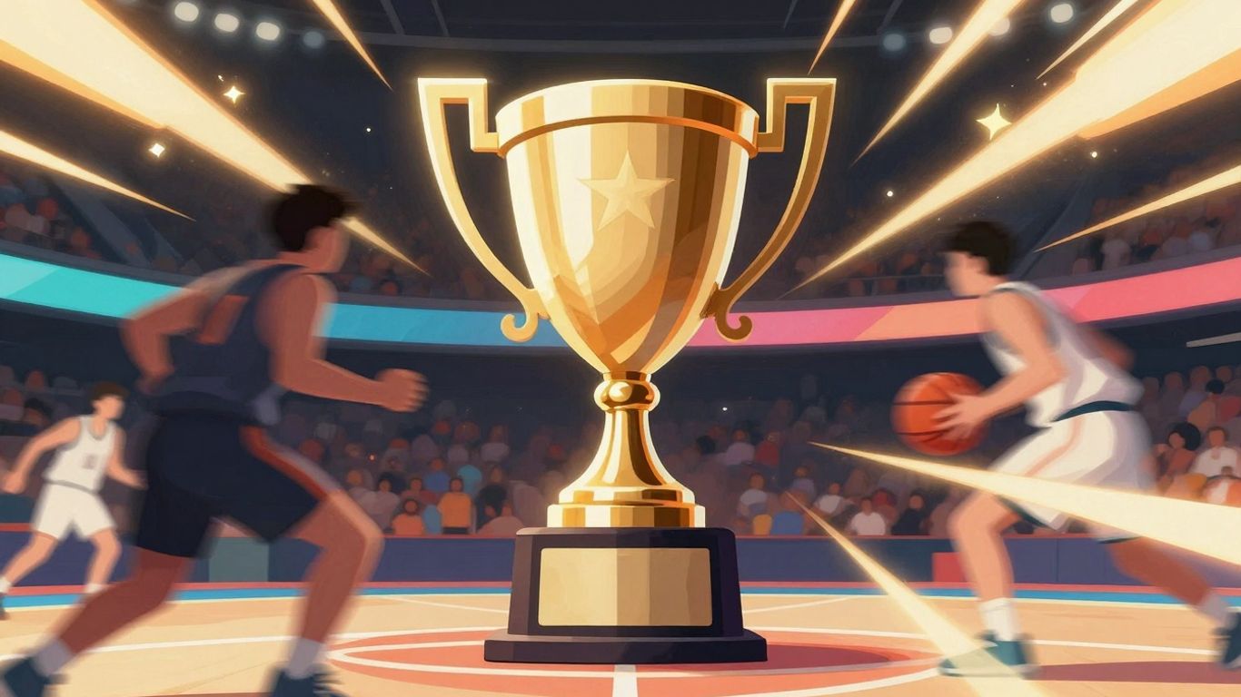 Live game score excitement with trophy and bright lights.