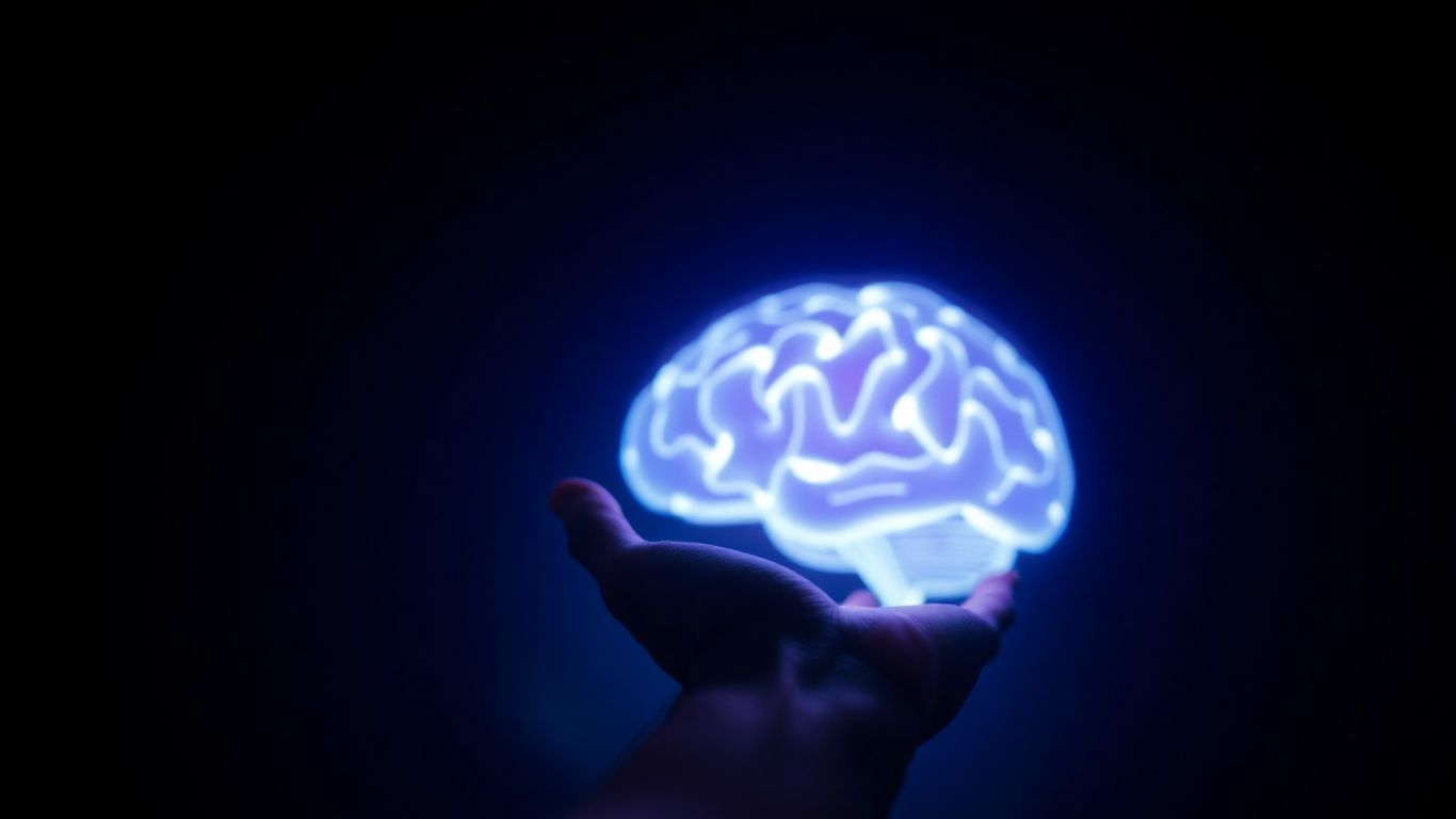 Human hand interacting with a glowing digital brain.