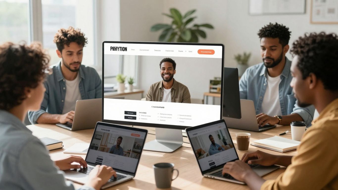 Diverse users engaging with an accessible website on multiple devices.