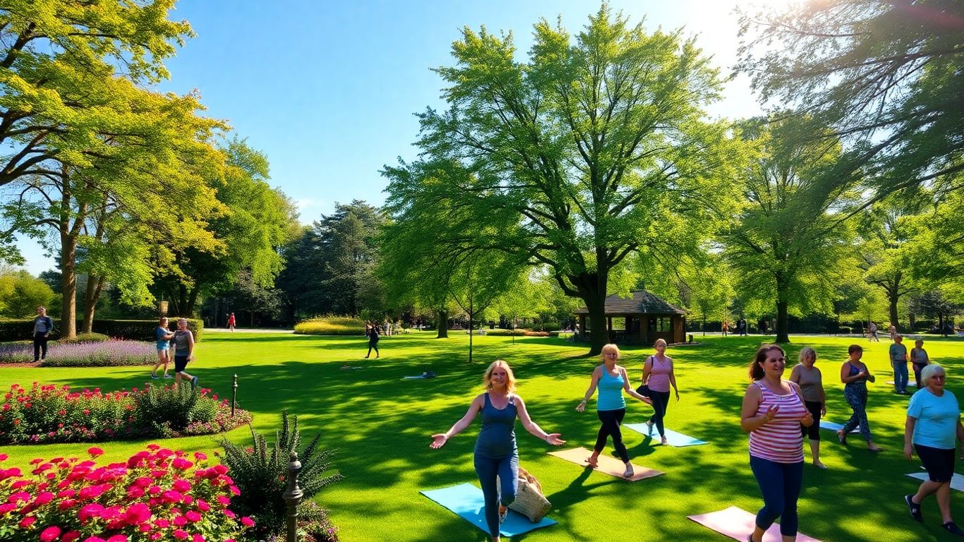 People enjoying nature and wellness activities in a sunny Richmond park.