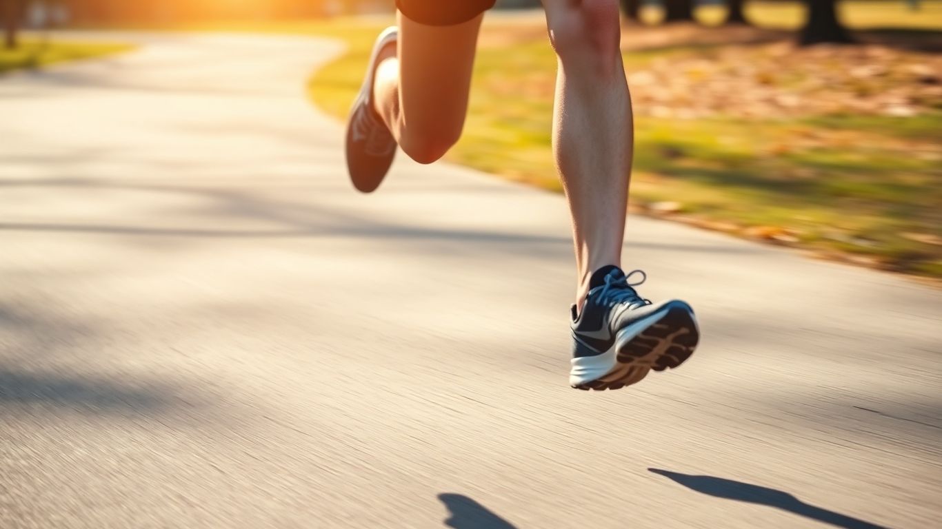 Runner's legs in motion, fast pace, mid-stride, paved path.
