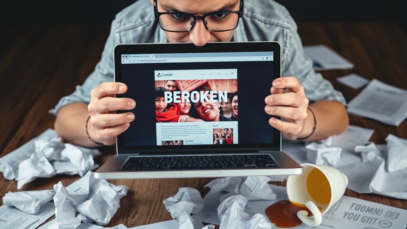 Stressed person with broken website on laptop