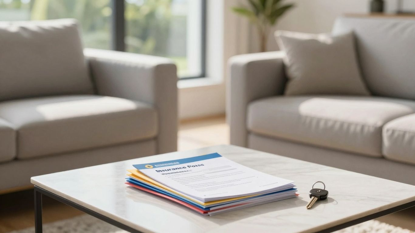 Casa con seguro, llave y documentos de póliza.