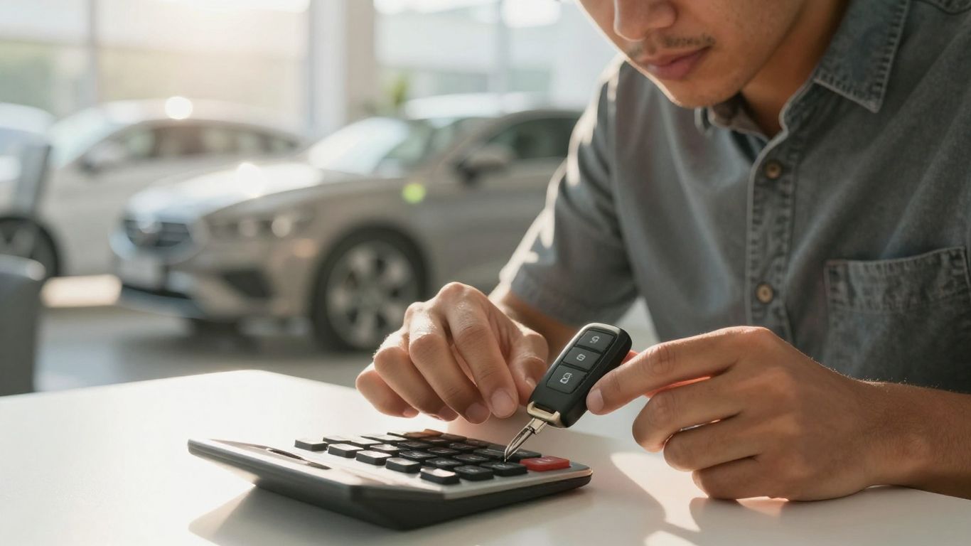 Person with car keys and calculator planning finances.