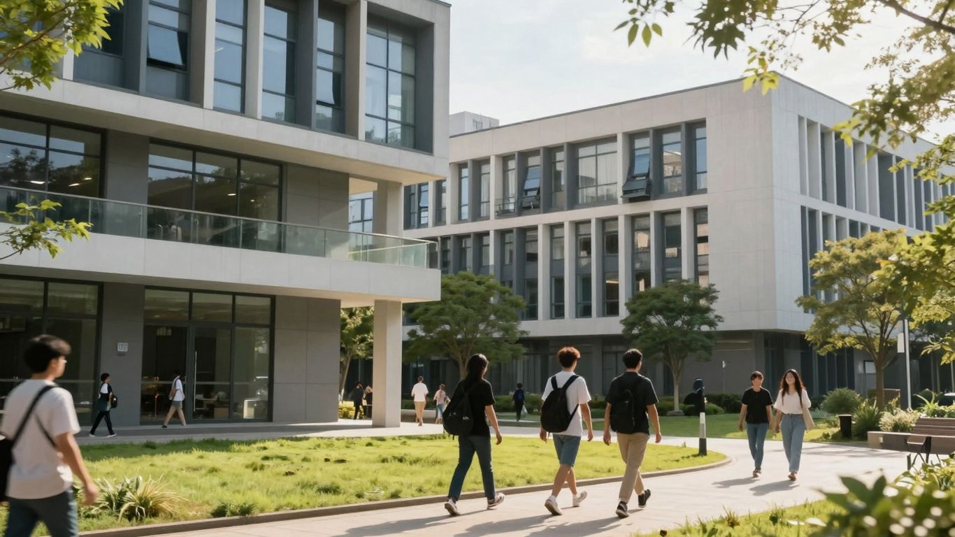 Kampus uniwersytecki z nowoczesnymi budynkami i zielenią.