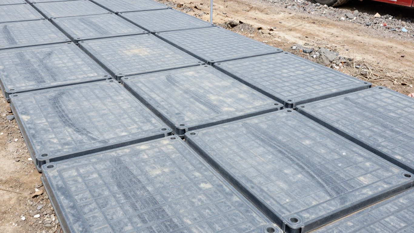 Robuste Kunststoff Fahrbahnplatten auf einer Baustelle