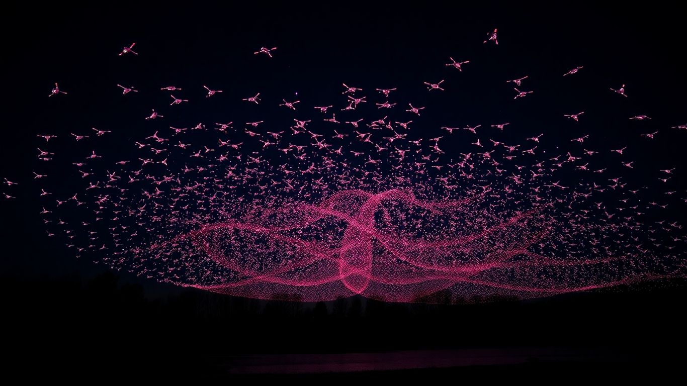 Drone cahaya membentuk pola di langit malam.