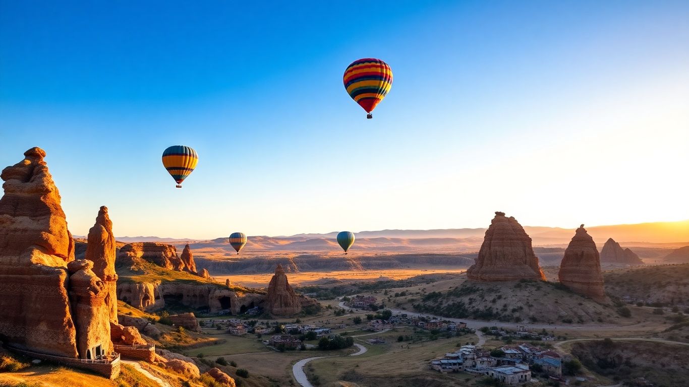 Hot air balloons over Cappadocia rock formations at sunrise.