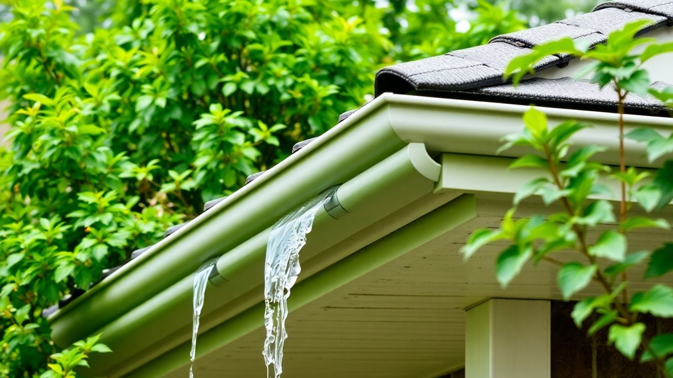 Clean gutters directing water away from a house roof.