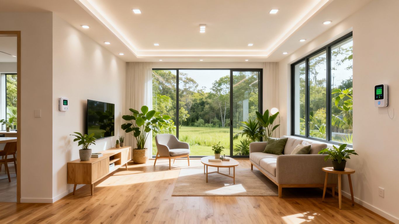 Modern sunlit living room with energy-efficient features