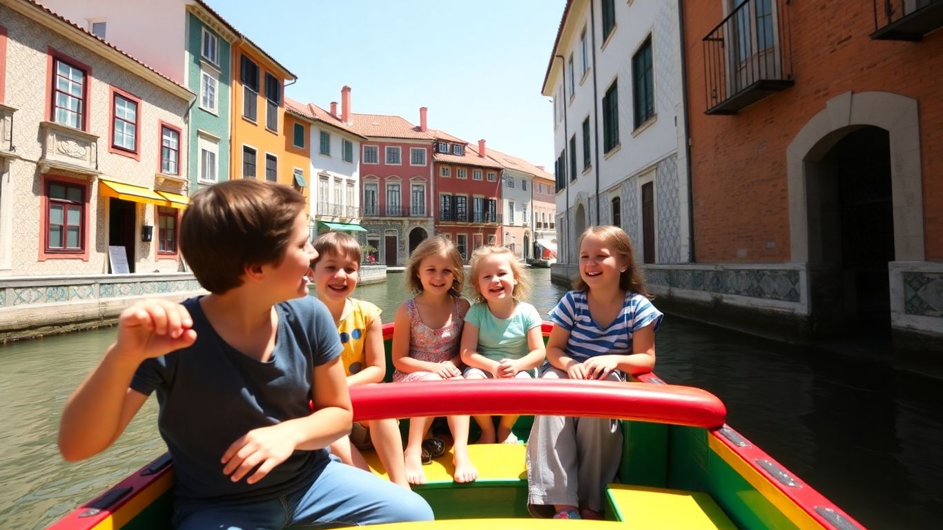 Família feliz em passeio de moliceiro em Aveiro.