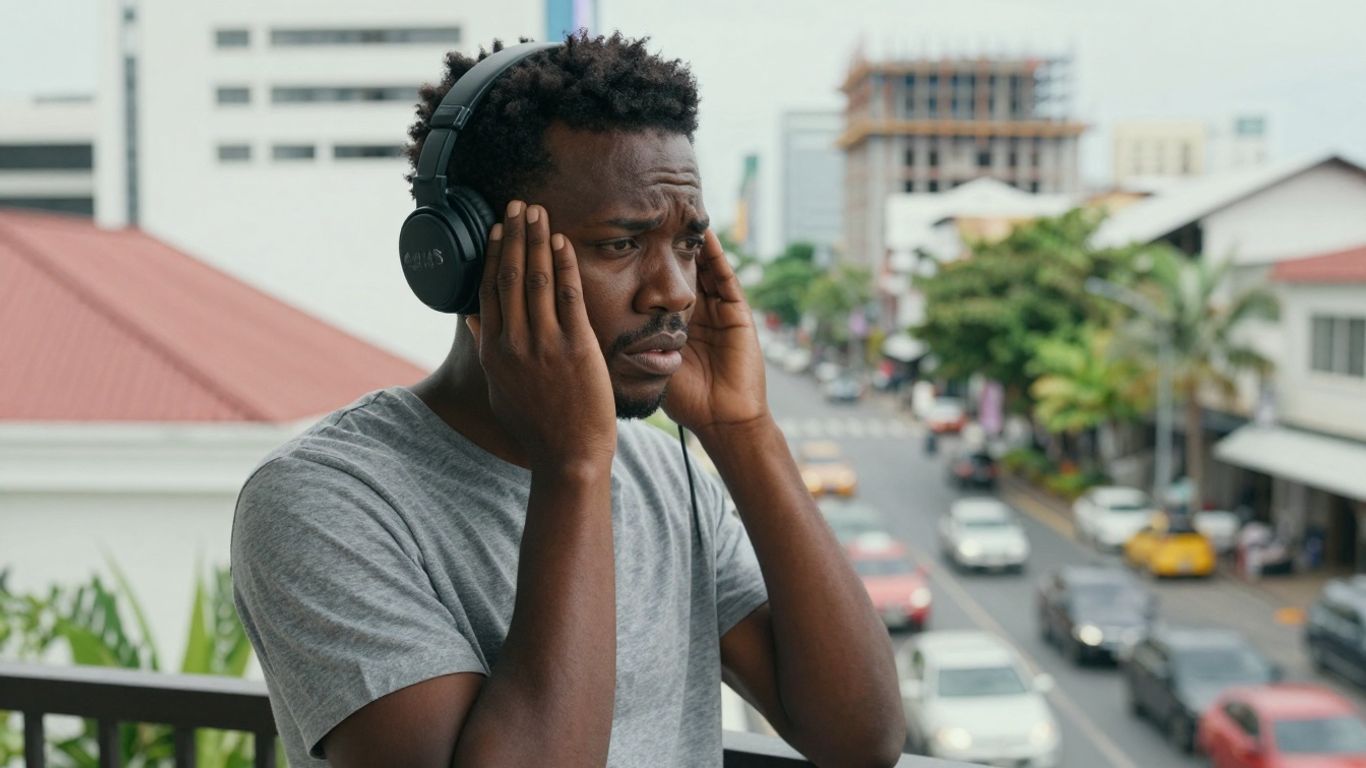 Person on balcony assessing Phuket property noise levels.